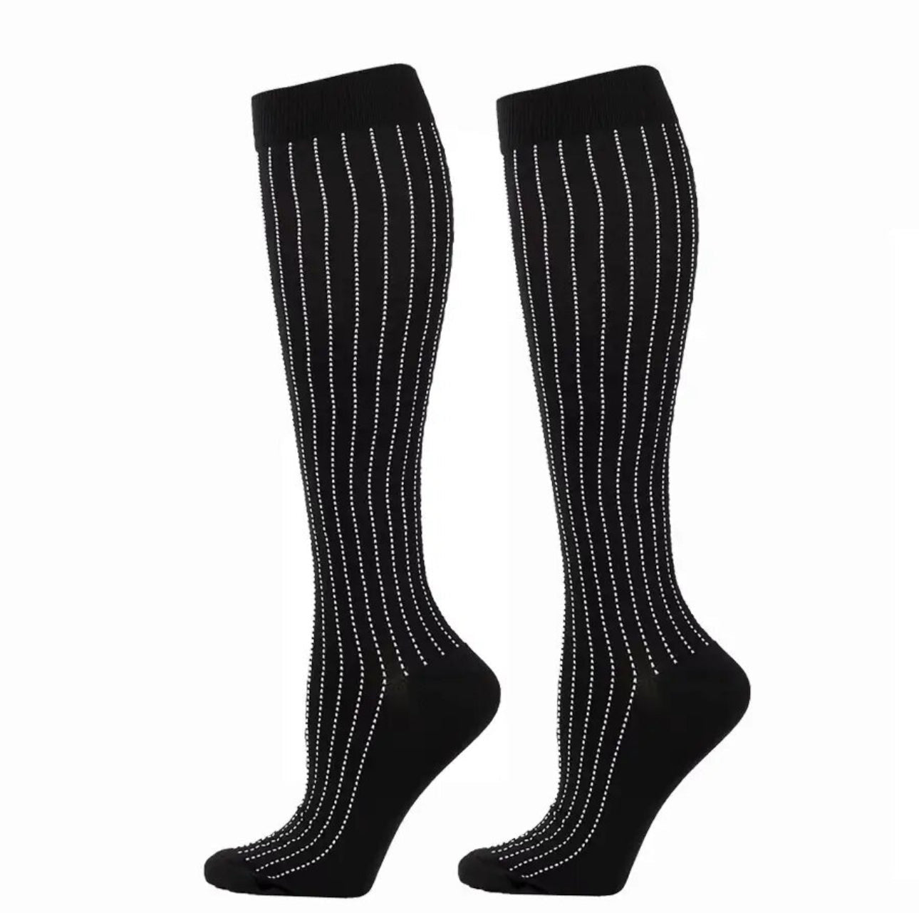 Vertical White Dots on Black Compression Socks